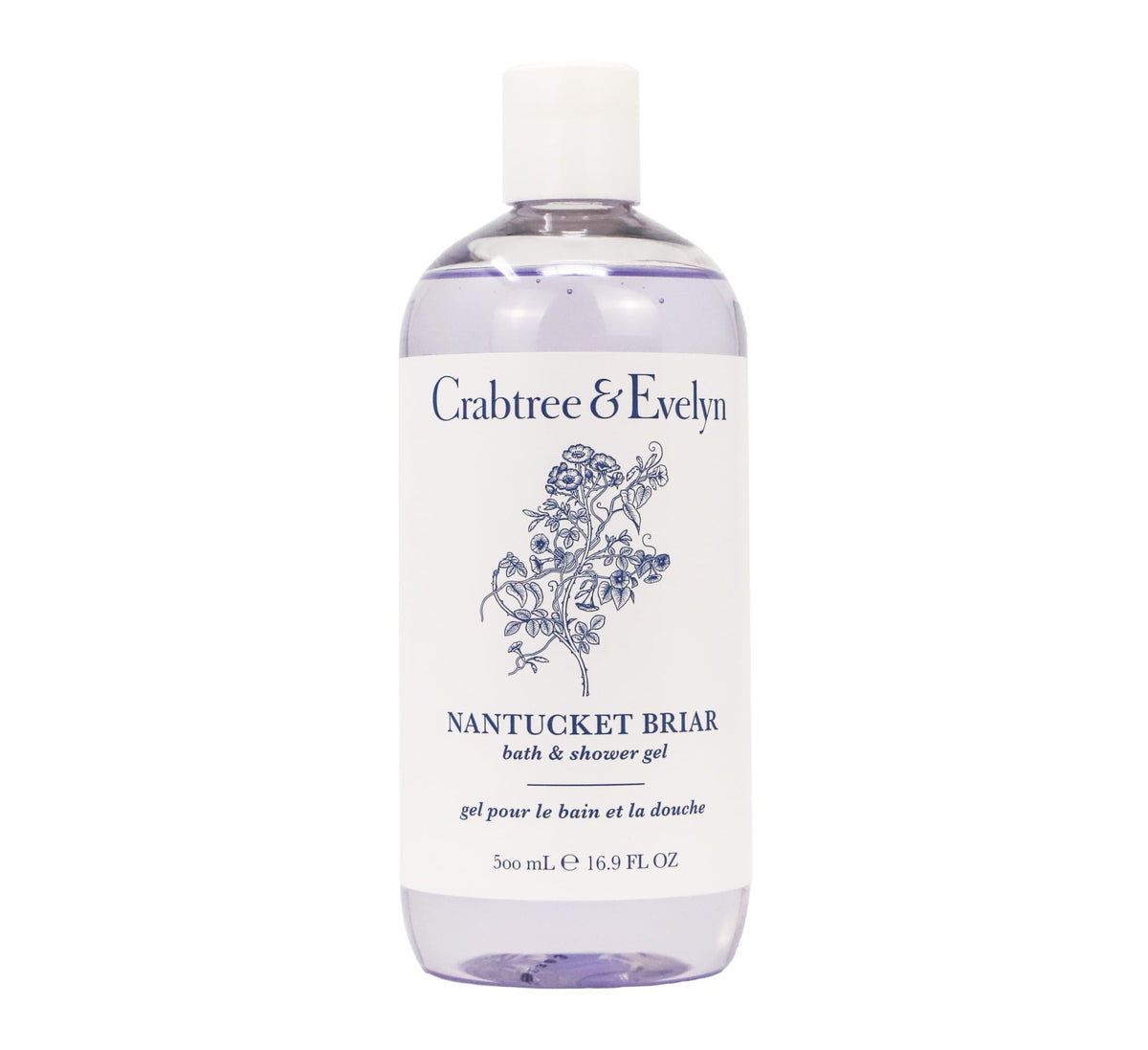 Crabtree and Evelyn Nantucket Briar bath gel bottle delivers floral cleansing ritual for daily pampering