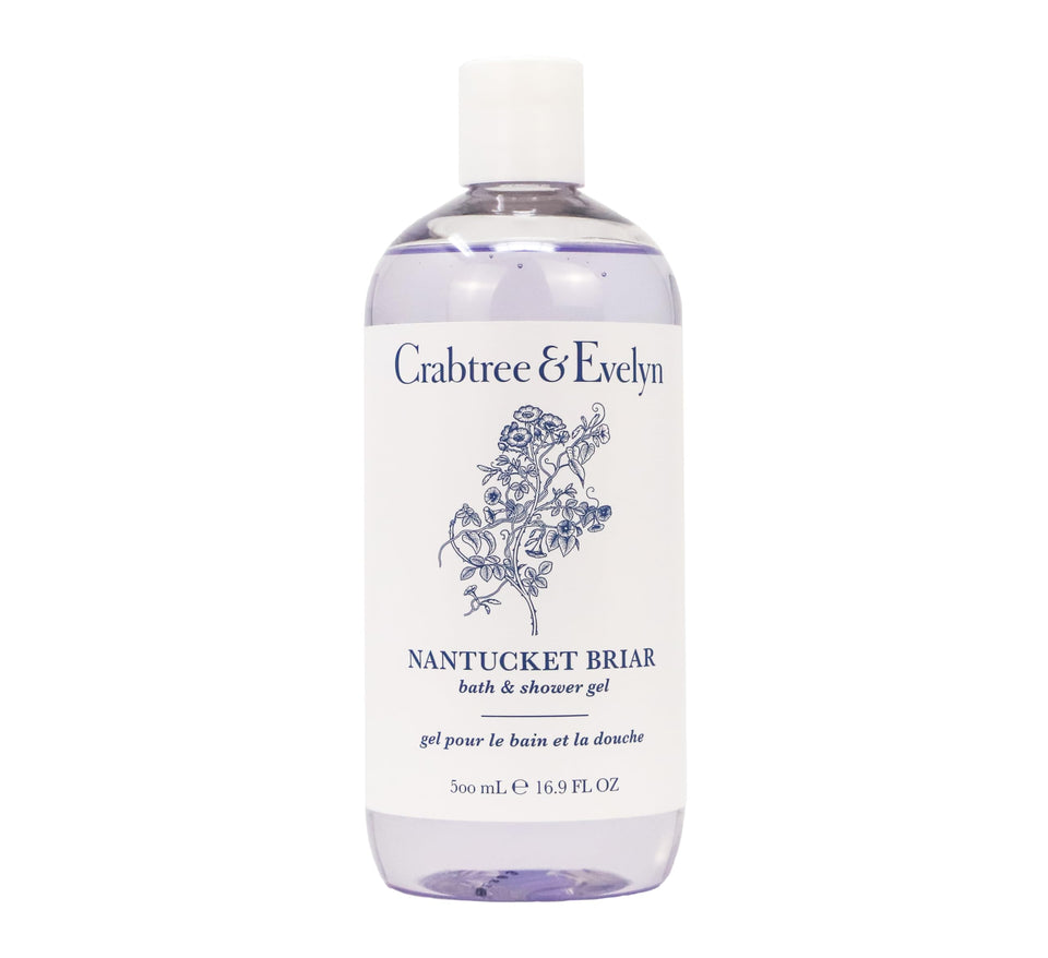 Crabtree and Evelyn Nantucket Briar bath gel bottle delivers floral cleansing ritual for daily pampering