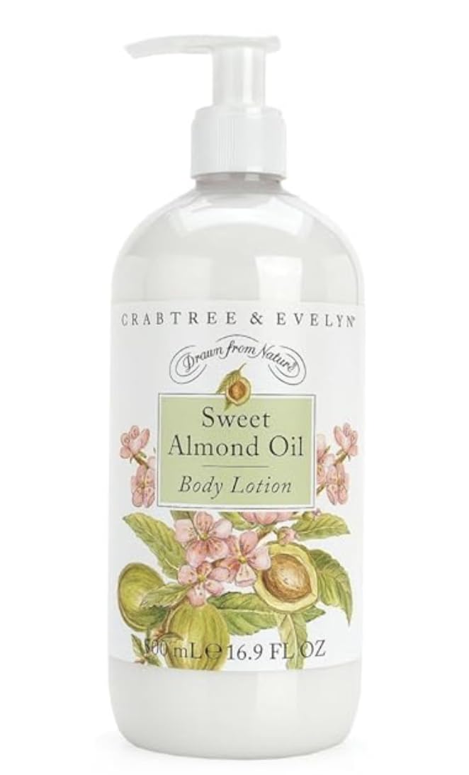Crabtree & Evelyn Sweet Almond Oil body lotion bottle pump enables easy daily hydration.