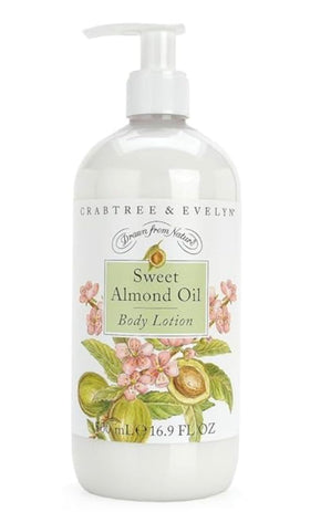 Crabtree & Evelyn Sweet Almond Oil body lotion bottle pump enables easy daily hydration.