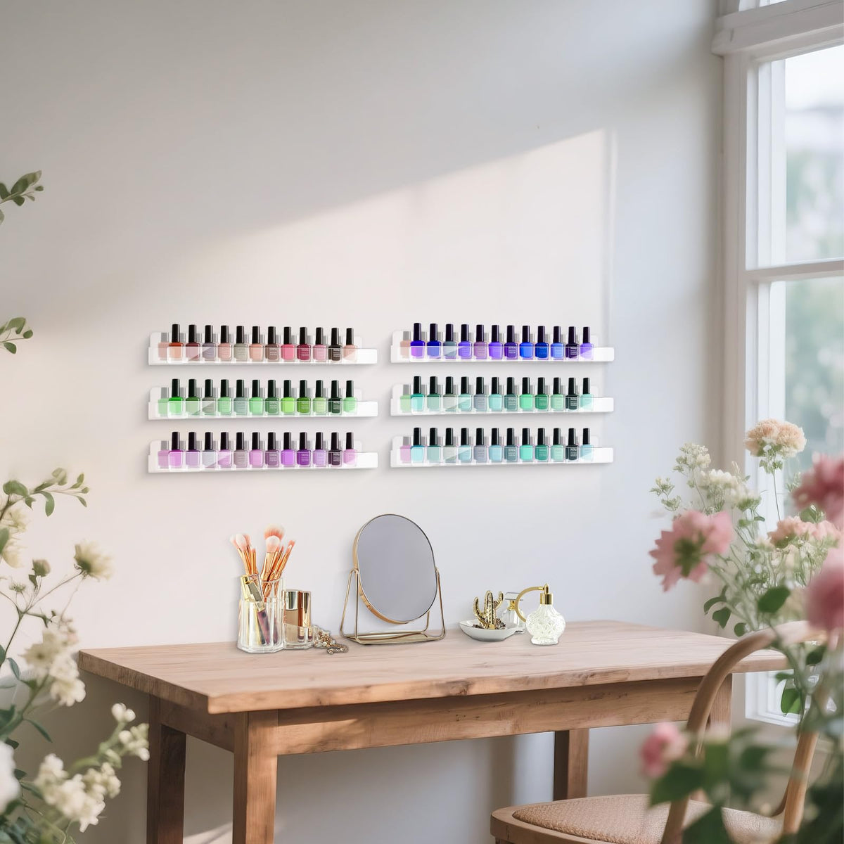 Craftifano bathroom vanity mounted rack creates neat, accessible polish storage