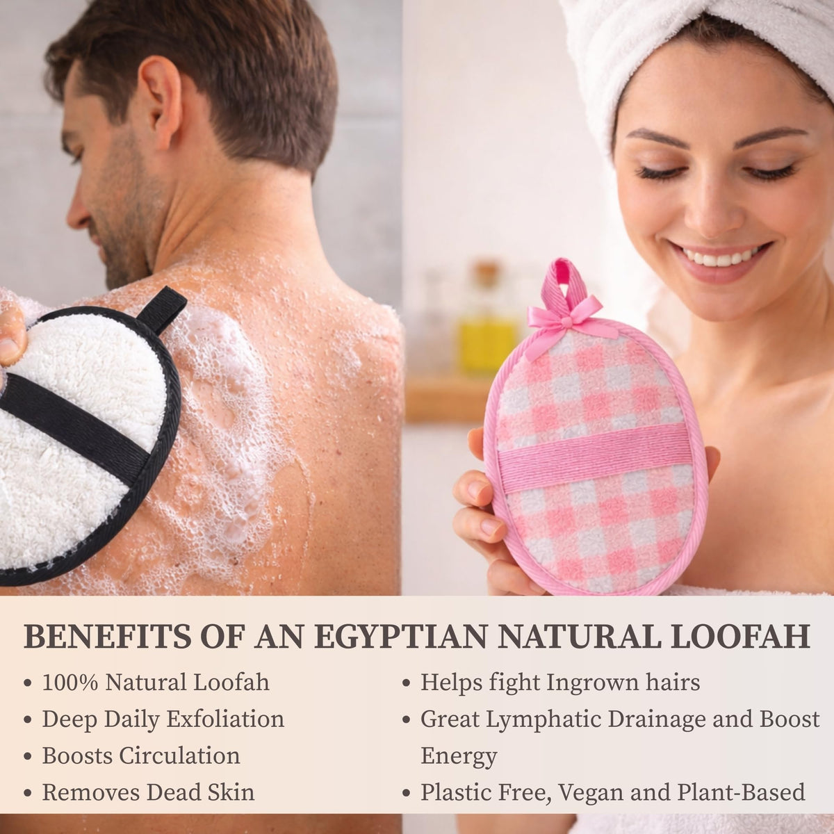 CraftsOfEgypt loofah with elastic cotton rim for secure grip.