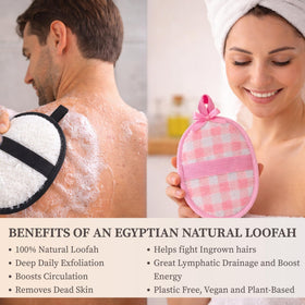 CraftsOfEgypt loofah with elastic cotton rim for secure grip.