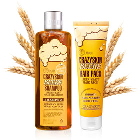 Crazy Skin beer shampoo bottle with rich lather for smoother, shinier hair.