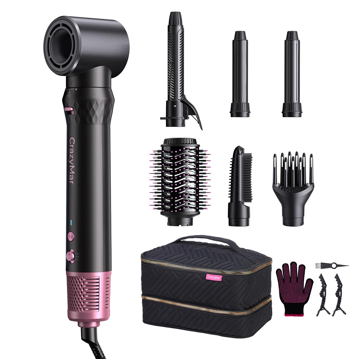 CrazyMar Air Wrap Hair Styler showing 7-in-1 attachments for versatile home styling.