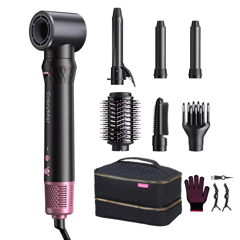 CrazyMar Air Wrap Hair Styler showing 7-in-1 attachments for versatile home styling.