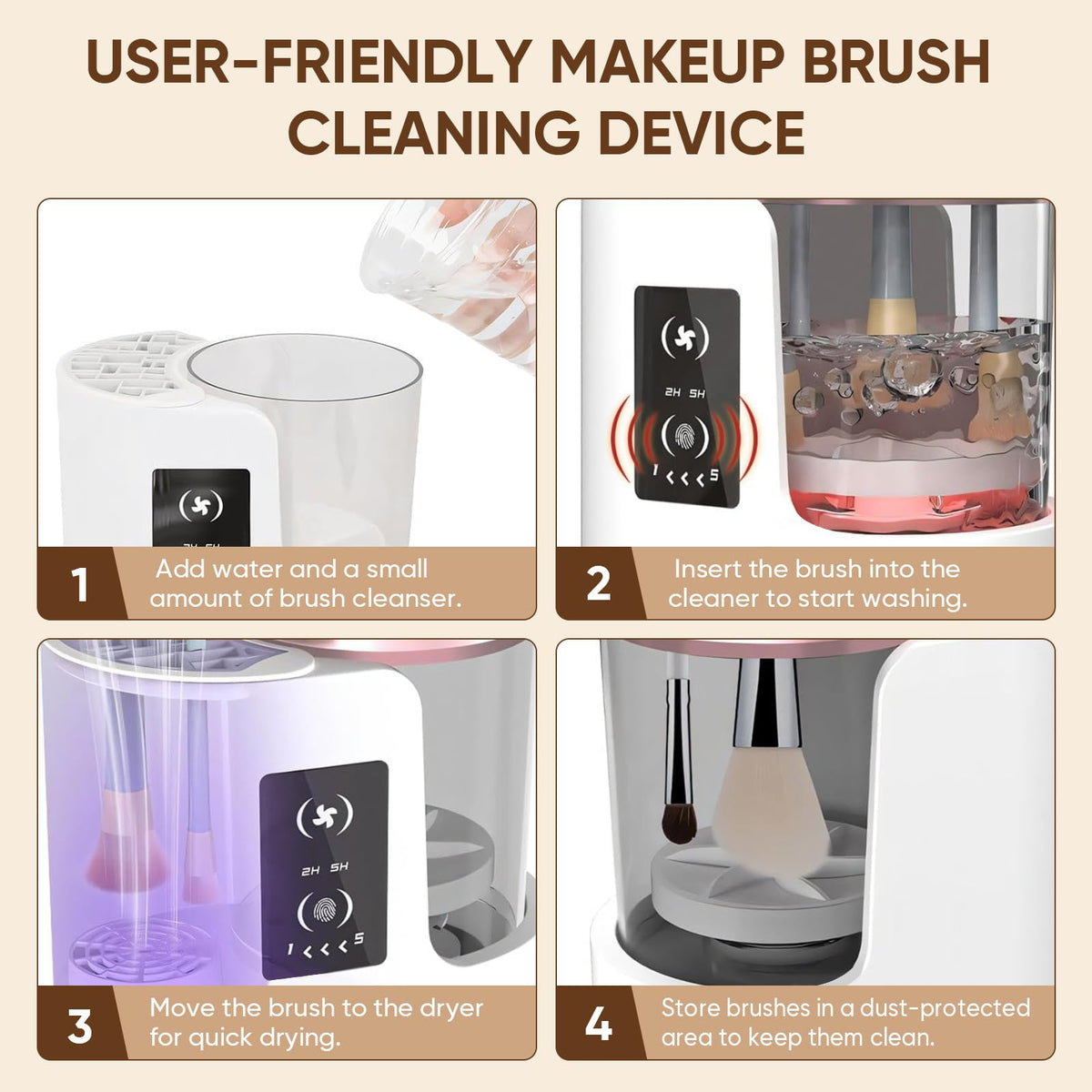 CreaCare universal compatibility cleans large powder to small eyeliner brushes
