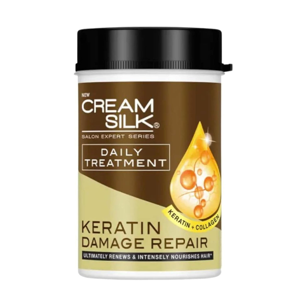 Cream Silk Daily Treatment bottle pouring for nourished hair shine.