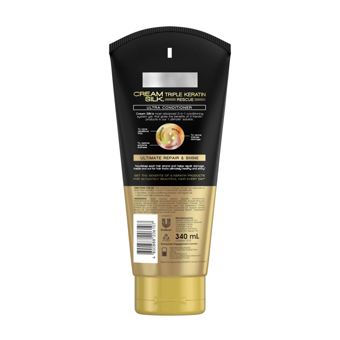 Cream Silk Triple Keratin Rescue conditioner bottle back view highlighting usage for dry, damaged hair.