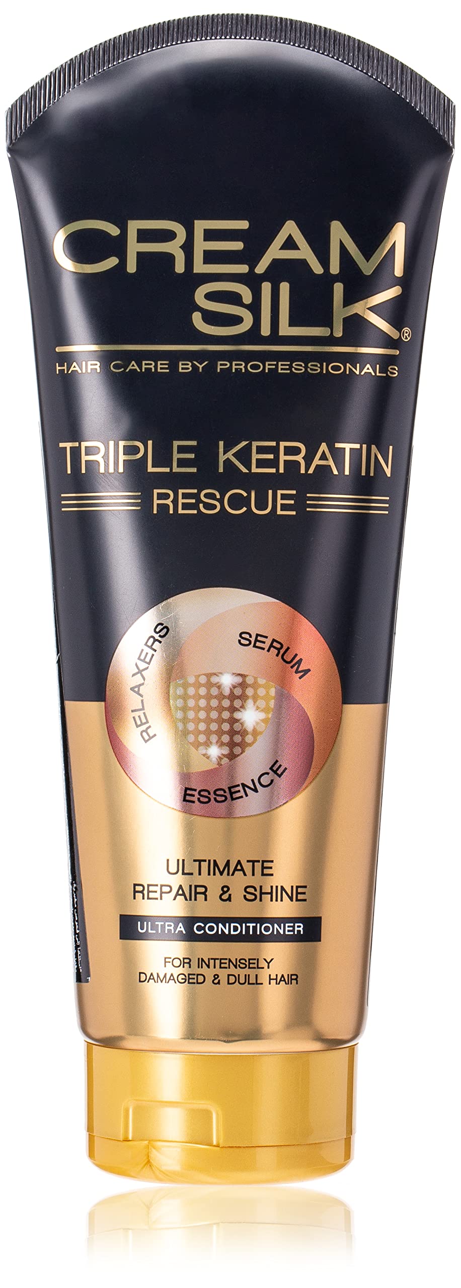 Cream Silk Triple Keratin Rescue conditioner bottle front view showing frizz control and shine benefits.