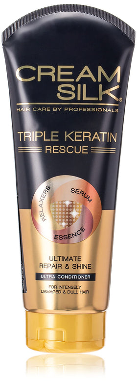 Cream Silk Triple Keratin Rescue conditioner bottle front view showing frizz control and shine benefits.