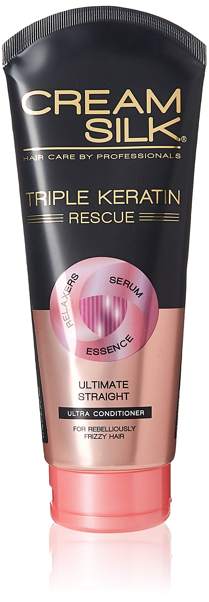Cream Silk Triple Keratin Rescue Ultimate Straight bottle for sleek, manageable hair.