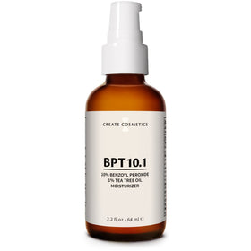 Create Cosmetics BPT10 acne moisturizer bottle front showing branding and benzoyl peroxide.