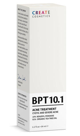 Organic tea tree oil visual on Create Cosmetics BPT10 bottle for blemish-prone skin.