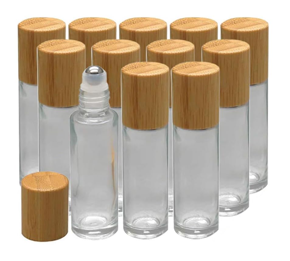 Creatiee-Pro 12-pack 10ml roll-on bottles with bamboo lids, leak-proof for travel