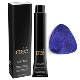 Créé Cree Professional Blue hair color bottle demonstrates bold, vibrant results.