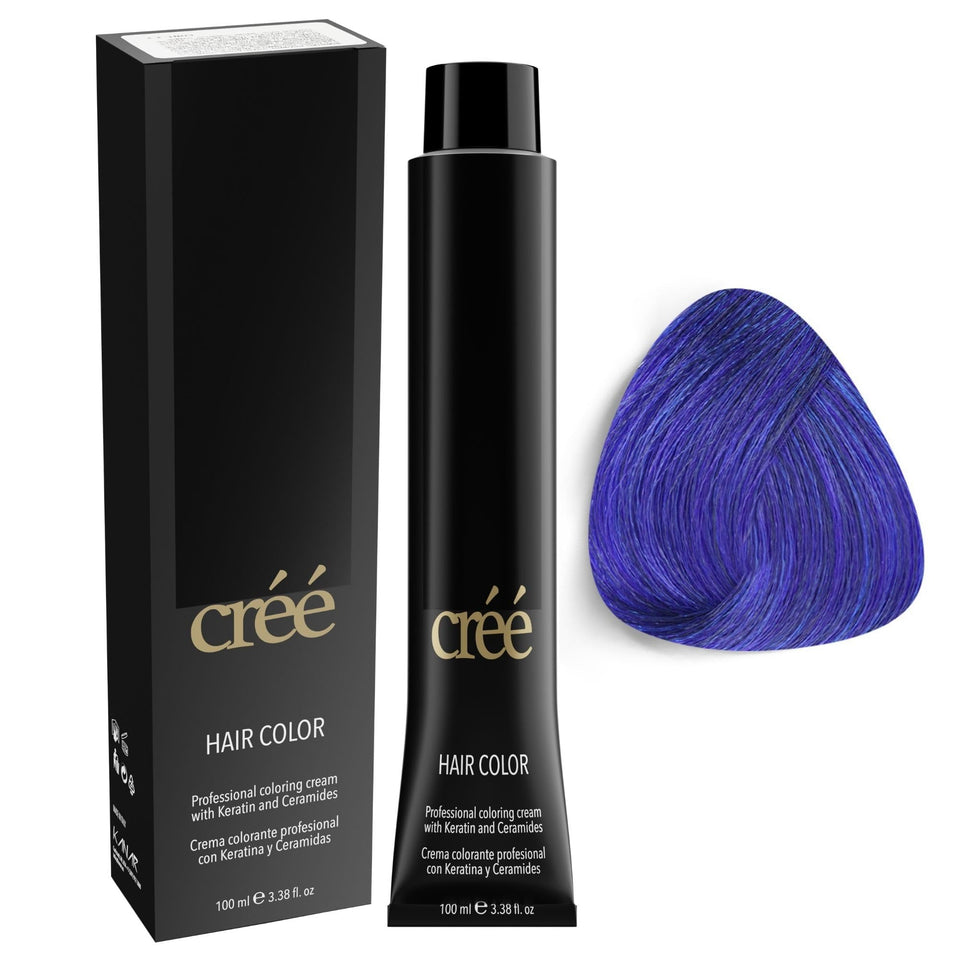 Créé Cree Professional Blue hair color bottle demonstrates bold, vibrant results.