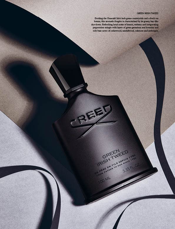 Creed Green Irish Tweed wooden packaging texture, premium presentation.