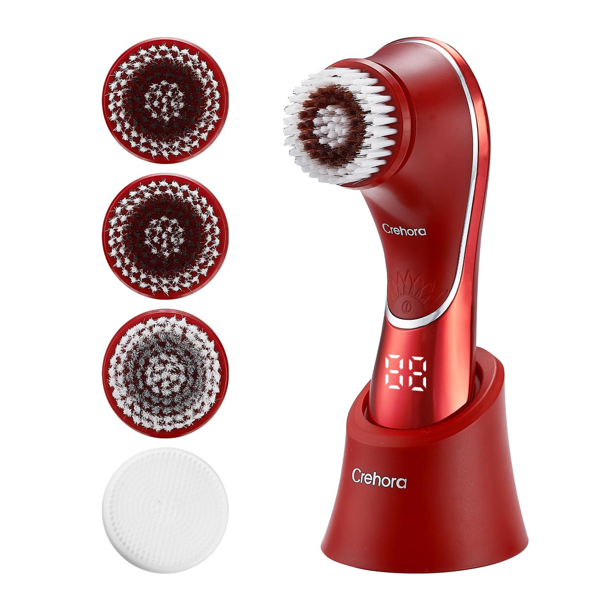 Crehora facial cleansing brush packshot with four interchangeable heads for versatile skincare