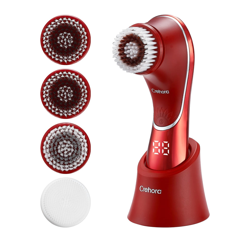 Crehora facial cleansing brush packshot with four interchangeable heads for versatile skincare