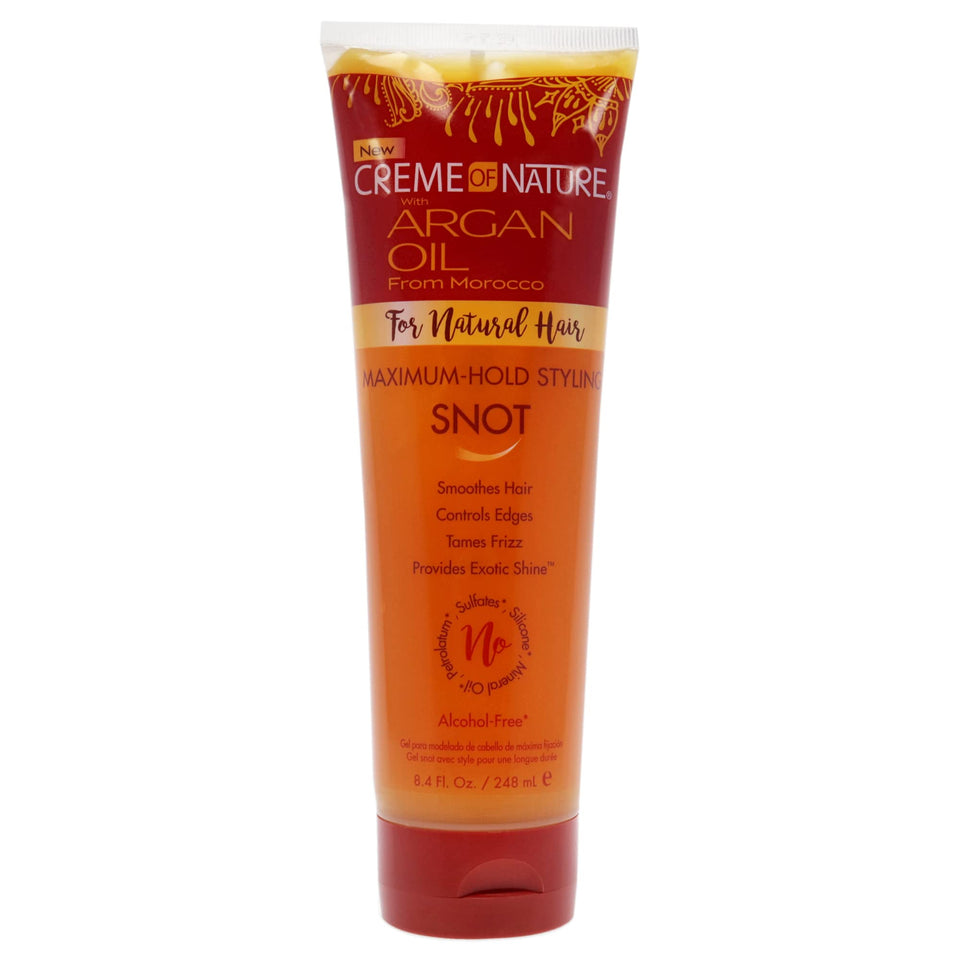 Creme of Nature Argan Oil Maximun Hold Styling Snot Gel bottle for defined, flake-free styling