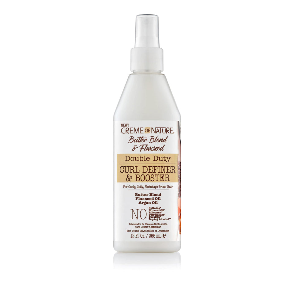Creme of Nature Double Duty Curl Definer bottle demonstrates a moisturizing styling solution for curls.