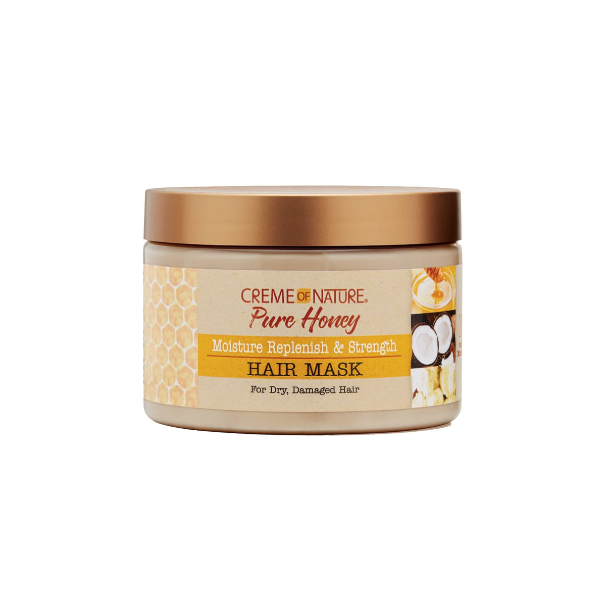 Creme of Nature Hair Mask jar with honey and coconut oil delivering rich moisture.