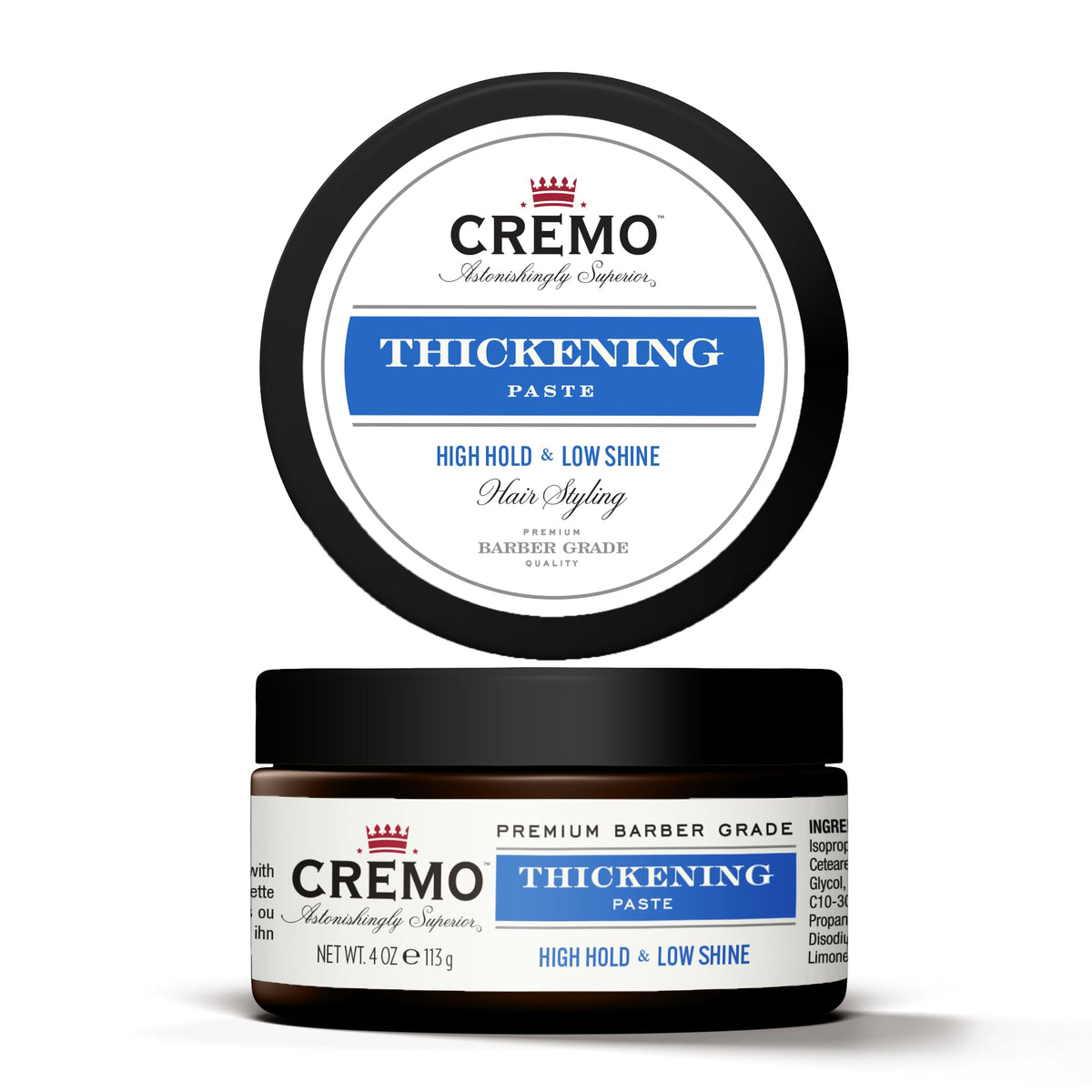 Cremo Barber Grade Thickening Paste 4oz pack shown for lasting volume on short hair