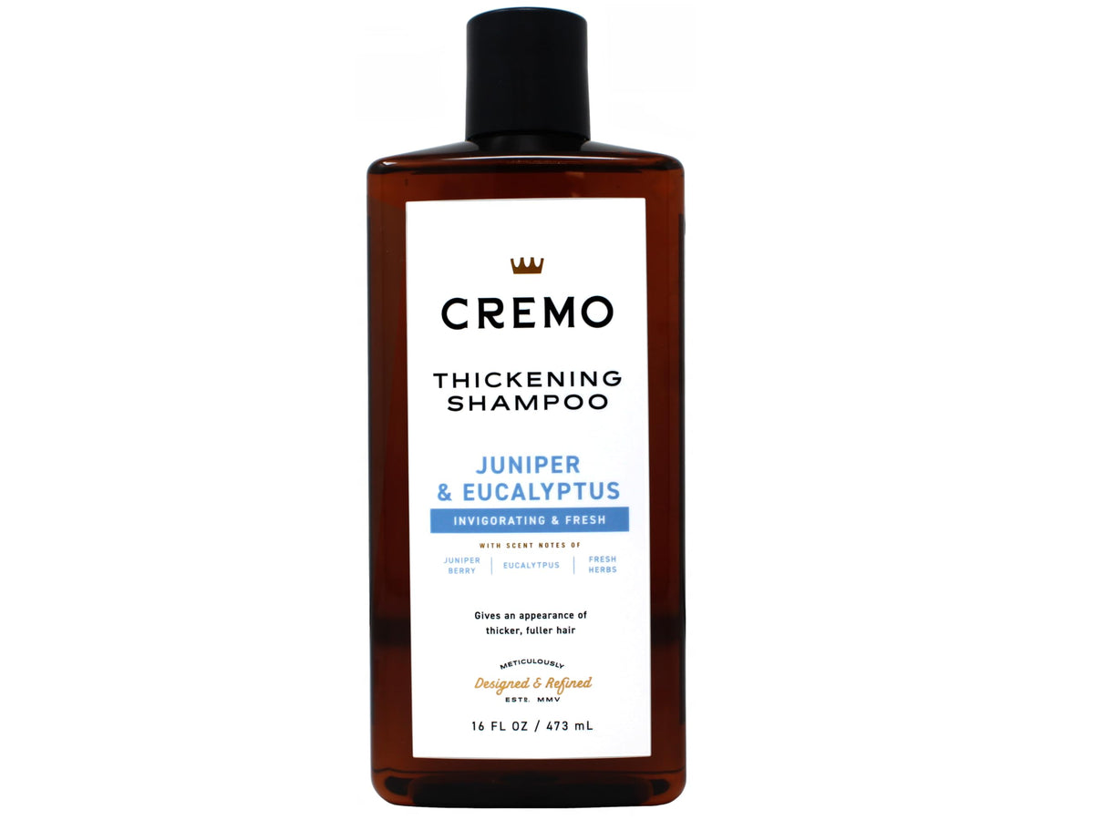 Cremo Juniper & Eucalyptus scent close-up showing evolving fragrance notes.