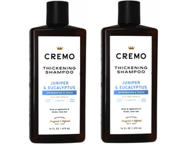 Cremo Barber Grade Juniper & Eucalyptus shampoo bottle with thickening potential for fine hair.