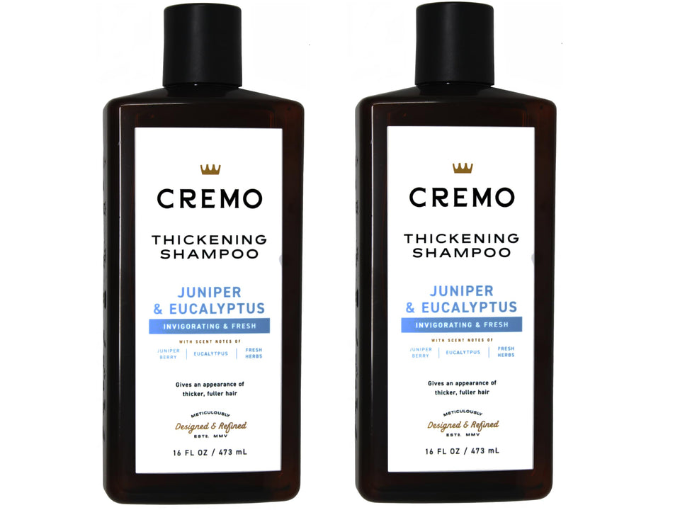 Cremo Barber Grade Juniper & Eucalyptus shampoo bottle with thickening potential for fine hair.