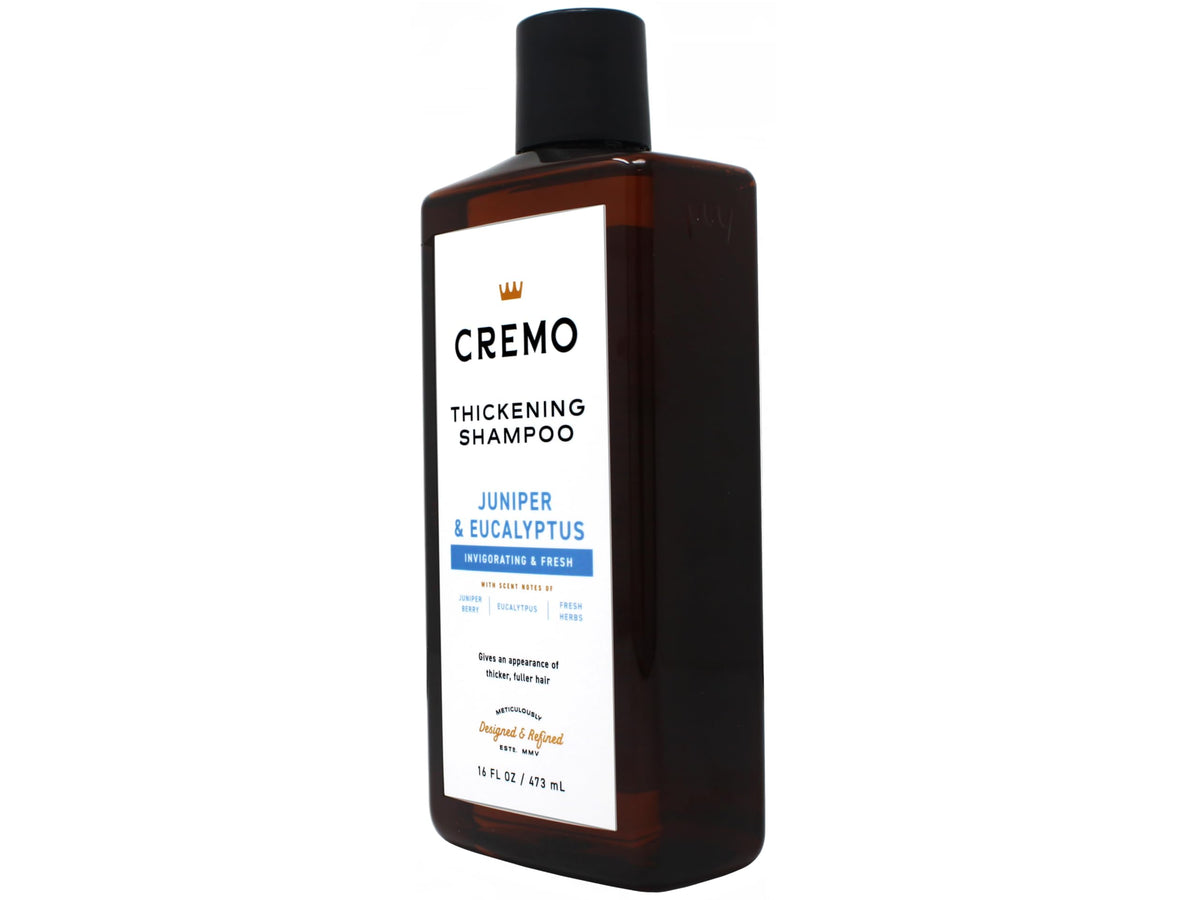 Creamy lather from Cremo thickening shampoo highlighting Juniper and Eucalyptus blend.