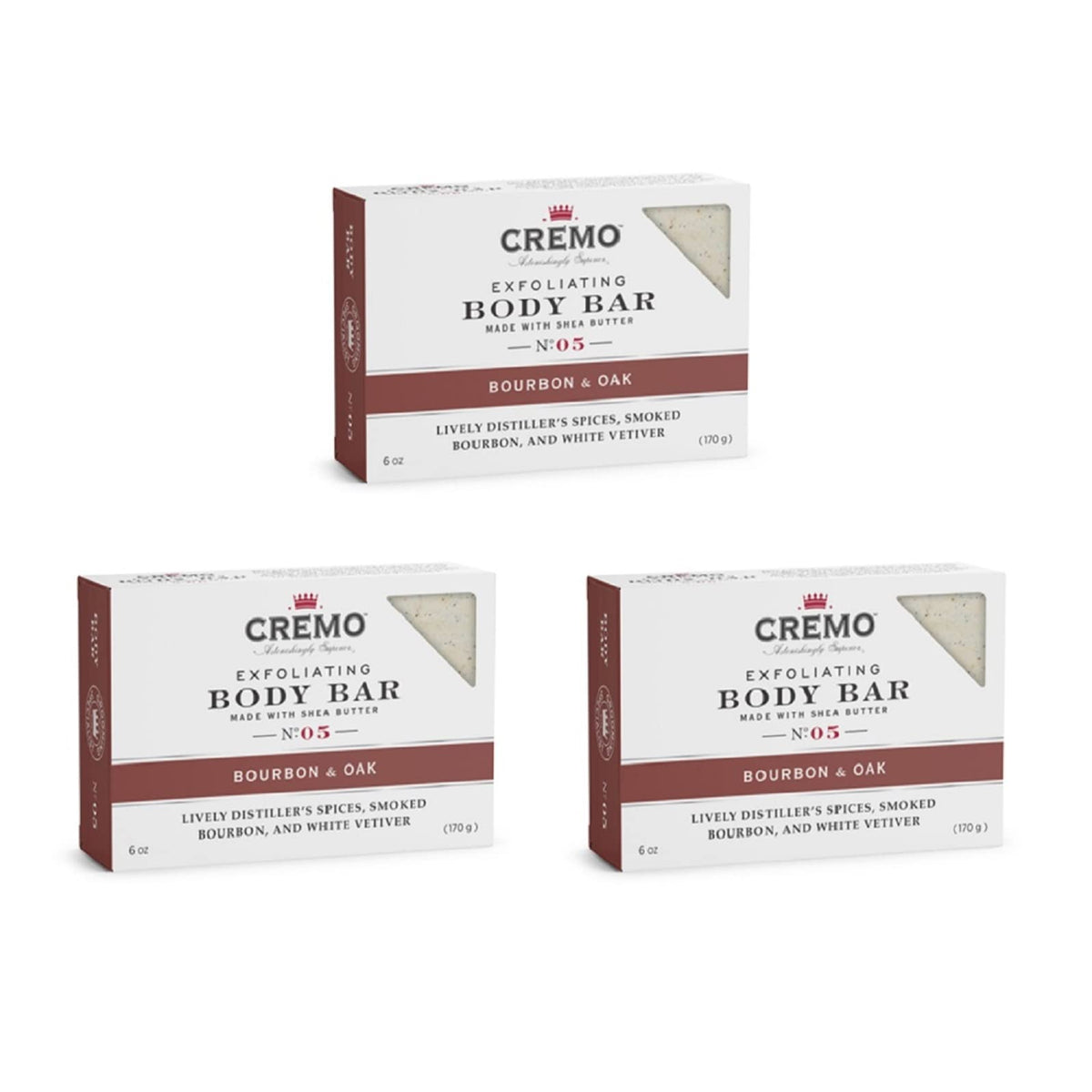 Cremo Bourbon and Oak exfoliating bar with lava rock cleanses and polishes for smoother skin.