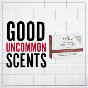 Cremo Bourbon and Oak exfoliating bar delivers distiller's spice scent while you cleanse.
