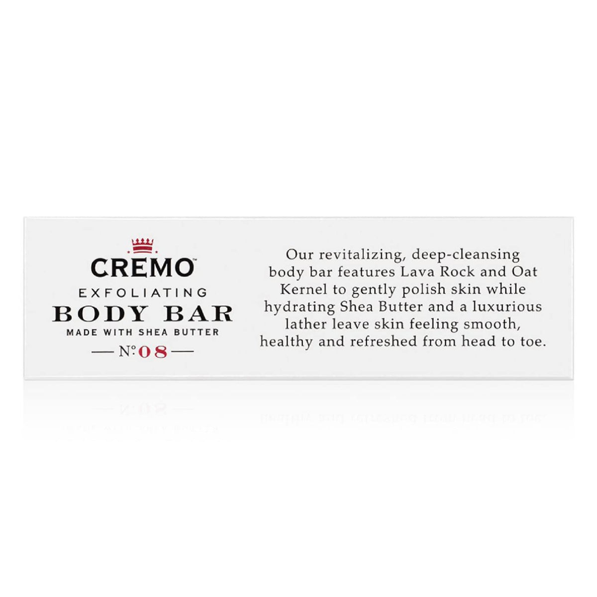 Cremo Bourbon and Oak exfoliating bar features shea butter for hydrated skin after use.