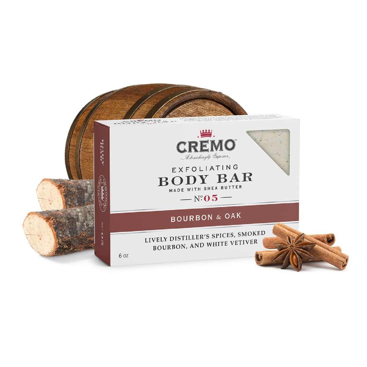Cremo Bourbon and Oak exfoliating bar blends spice, bourbon, and oak for premium feel.