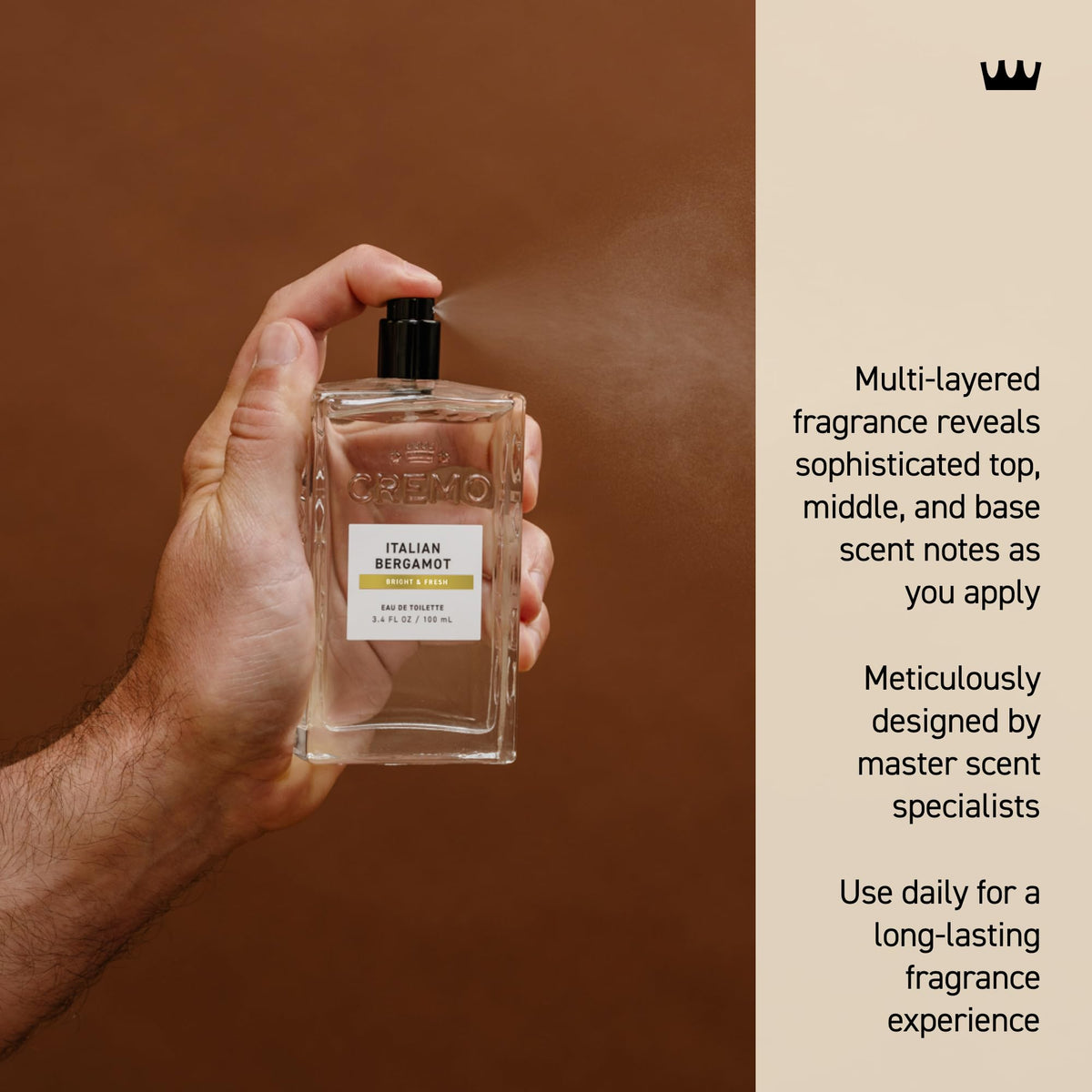 Cremo Italian Bergamot cologne bottle close-up showing sleek design