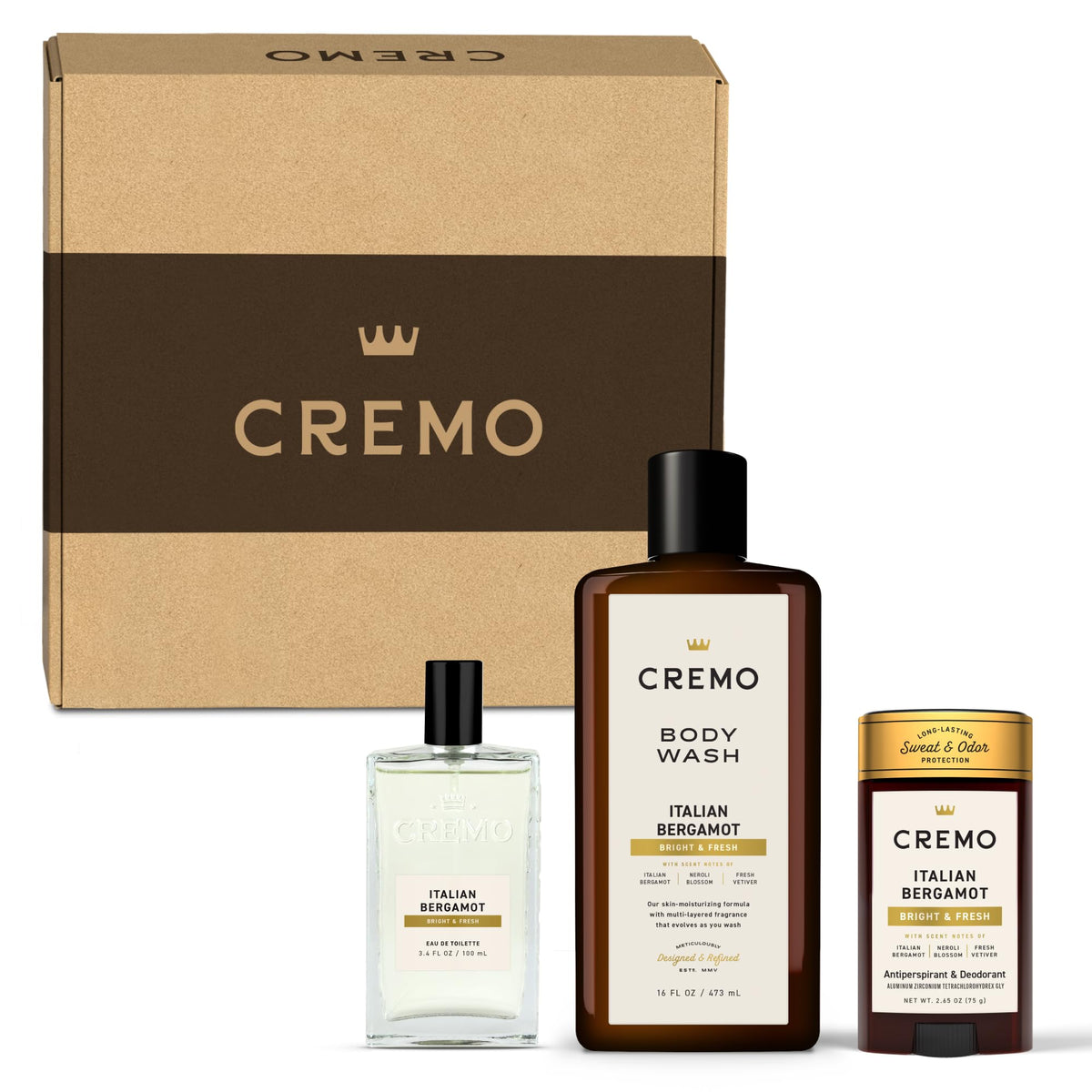 Cremo Italian Bergamot set top shot ready for gifting