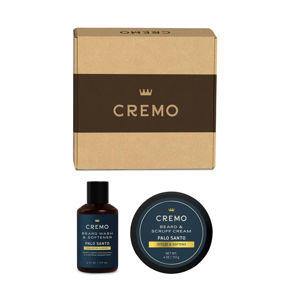 Cremo Palo Santo 2n1 Beard Wash bottle with soothing cleanse for shorter beards