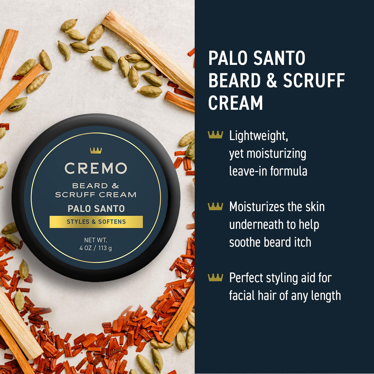 Cremo Palo Santo Beard and Scruff Cream tube moisturizing short beards