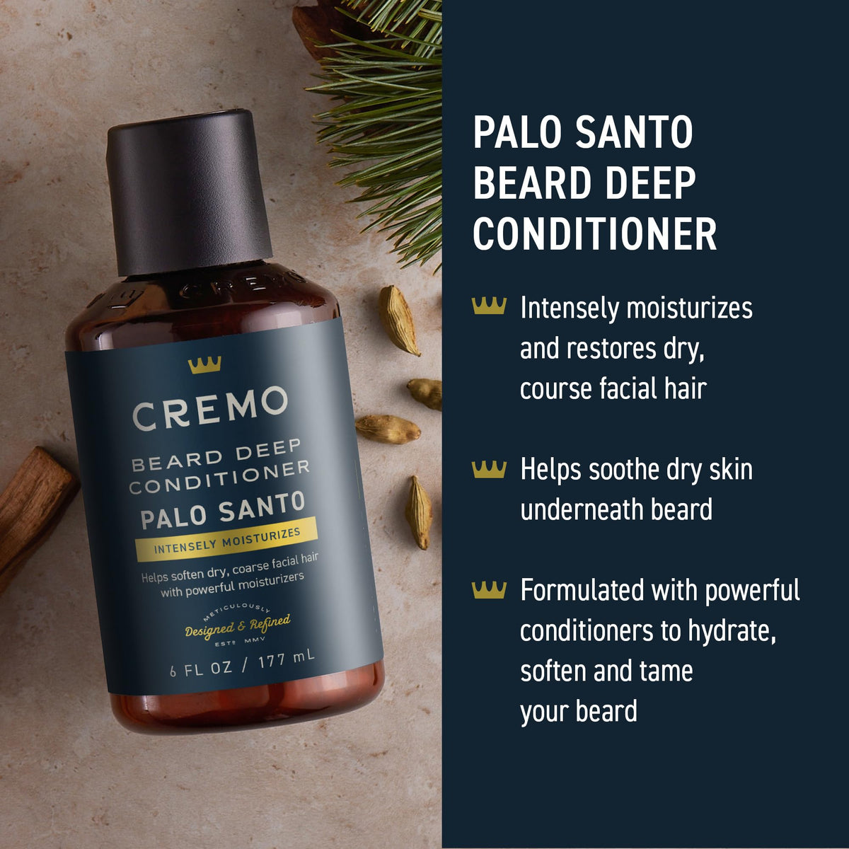 Beard oil bottle with dropper applying Palo Santo scent and benefits