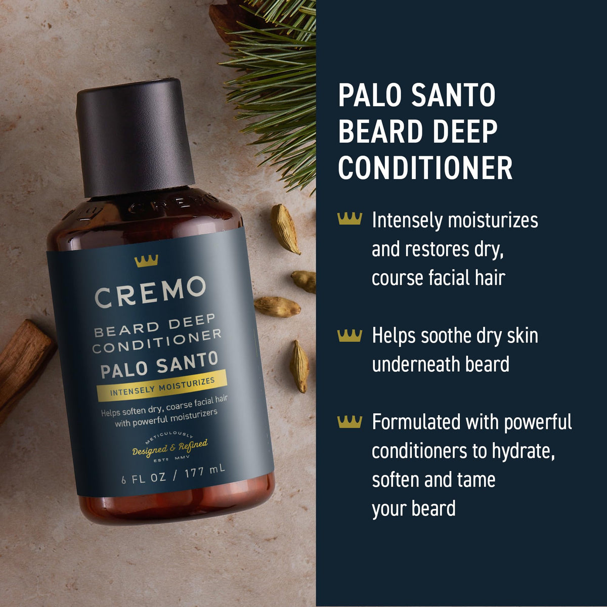 Cremo Palo Santo beard oil image suggesting moisture and fragrance enhancement.