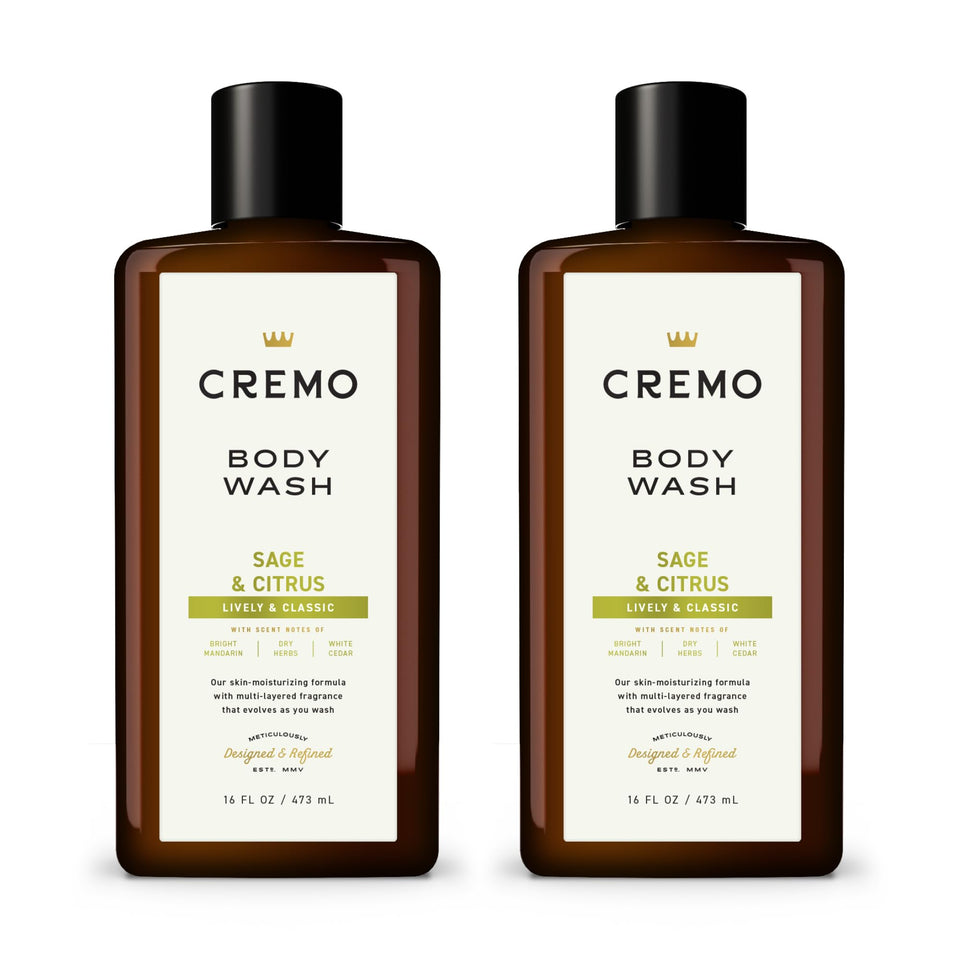 Cremo Rich-Lathering Sage & Citrus body wash bottle offers an energizing scent for morning showers