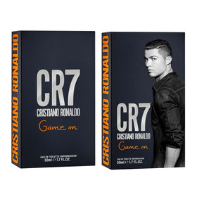 CR7 Game On bottle on dark shelf for sophisticated aesthetic.