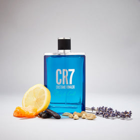 CRISTIANO RONALDO Play It Cool packaging closeup—sleek design elevates bathroom shelves