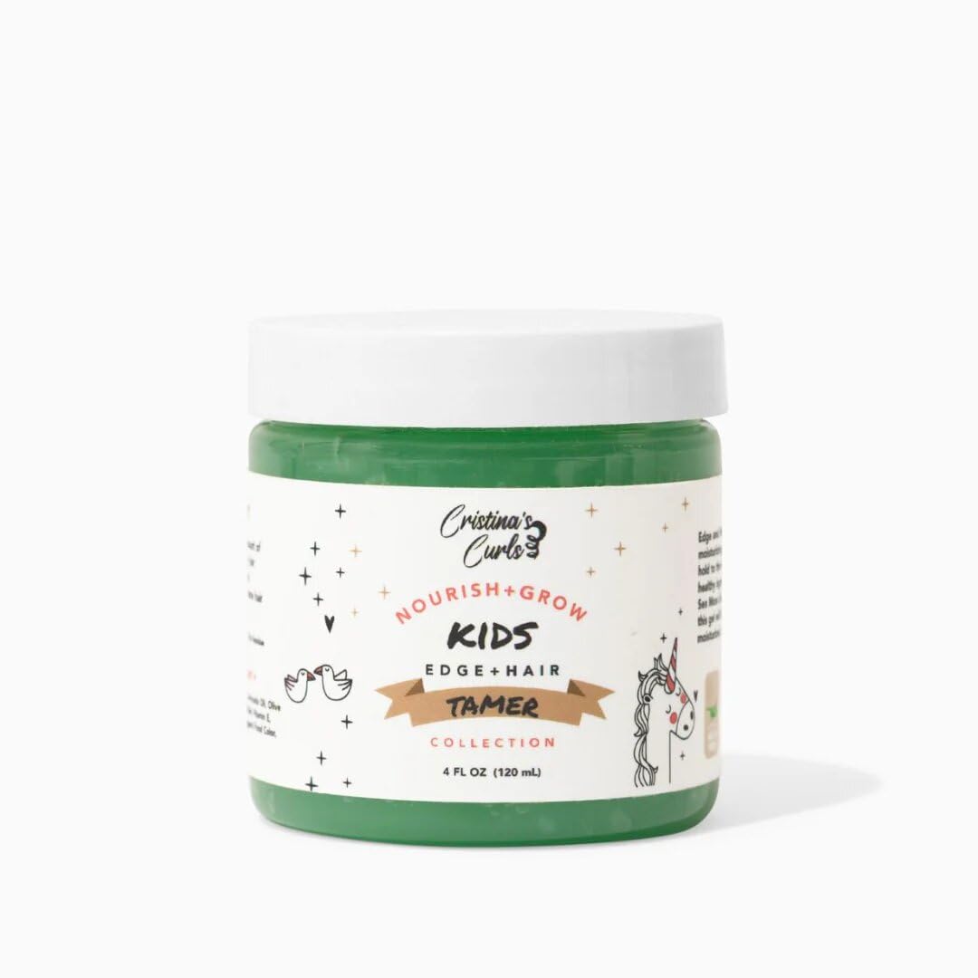 Cristina's Curls Edge Control Gel bottle closeup illustrating non-flaking hold for sleek edges.
