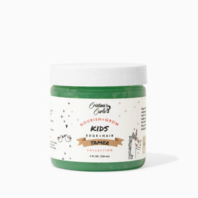 Cristina's Curls Edge Control Gel bottle closeup illustrating non-flaking hold for sleek edges.