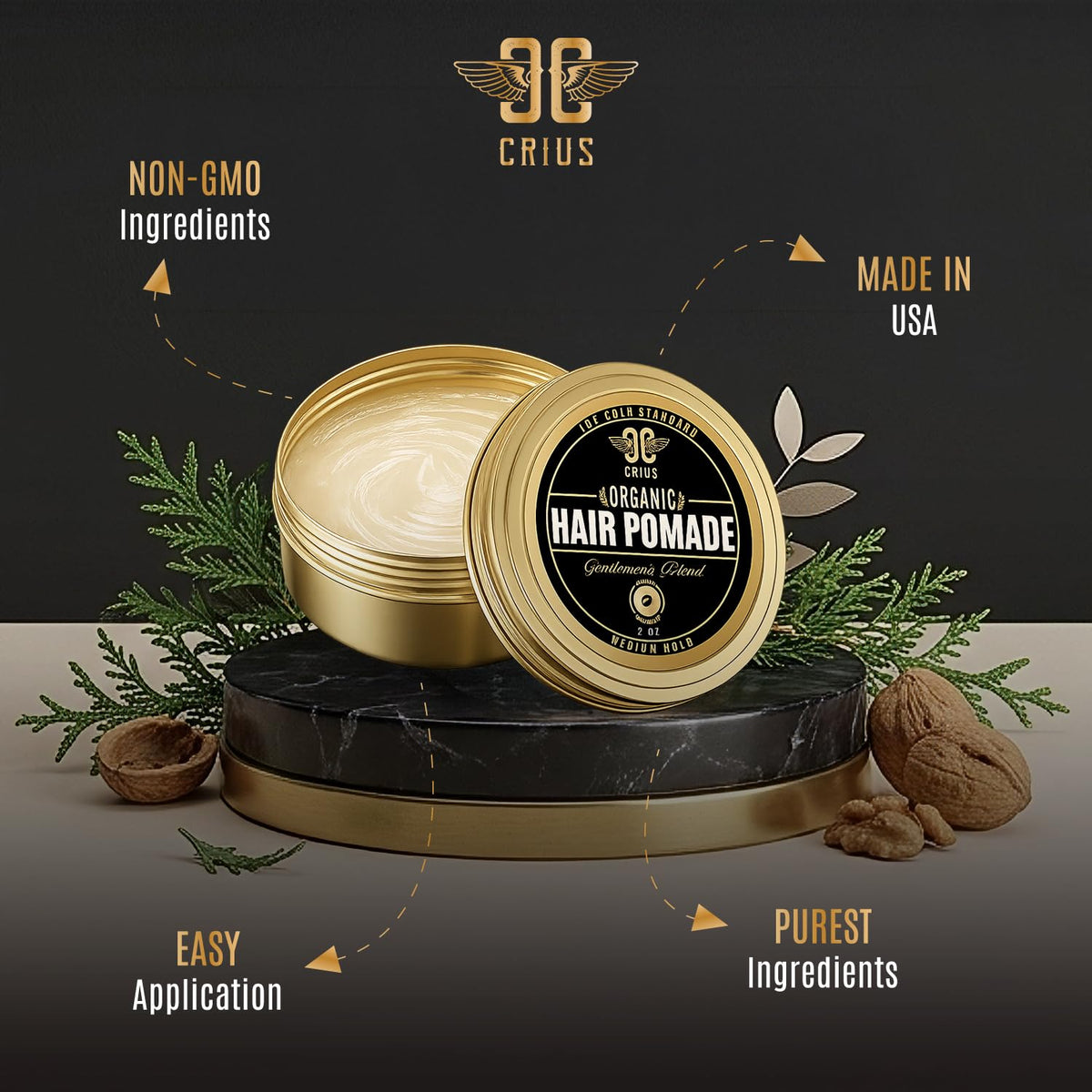 CRIUS COSMETICS pomade delivering matte finish with flexible hold for versatile styles.