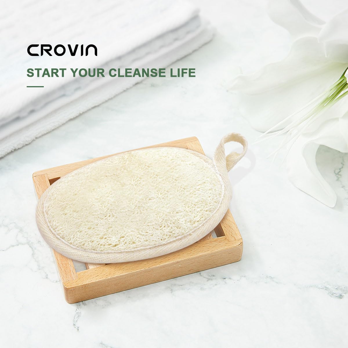 CROVIN bath scrubber closeup shows natural fibers and texture