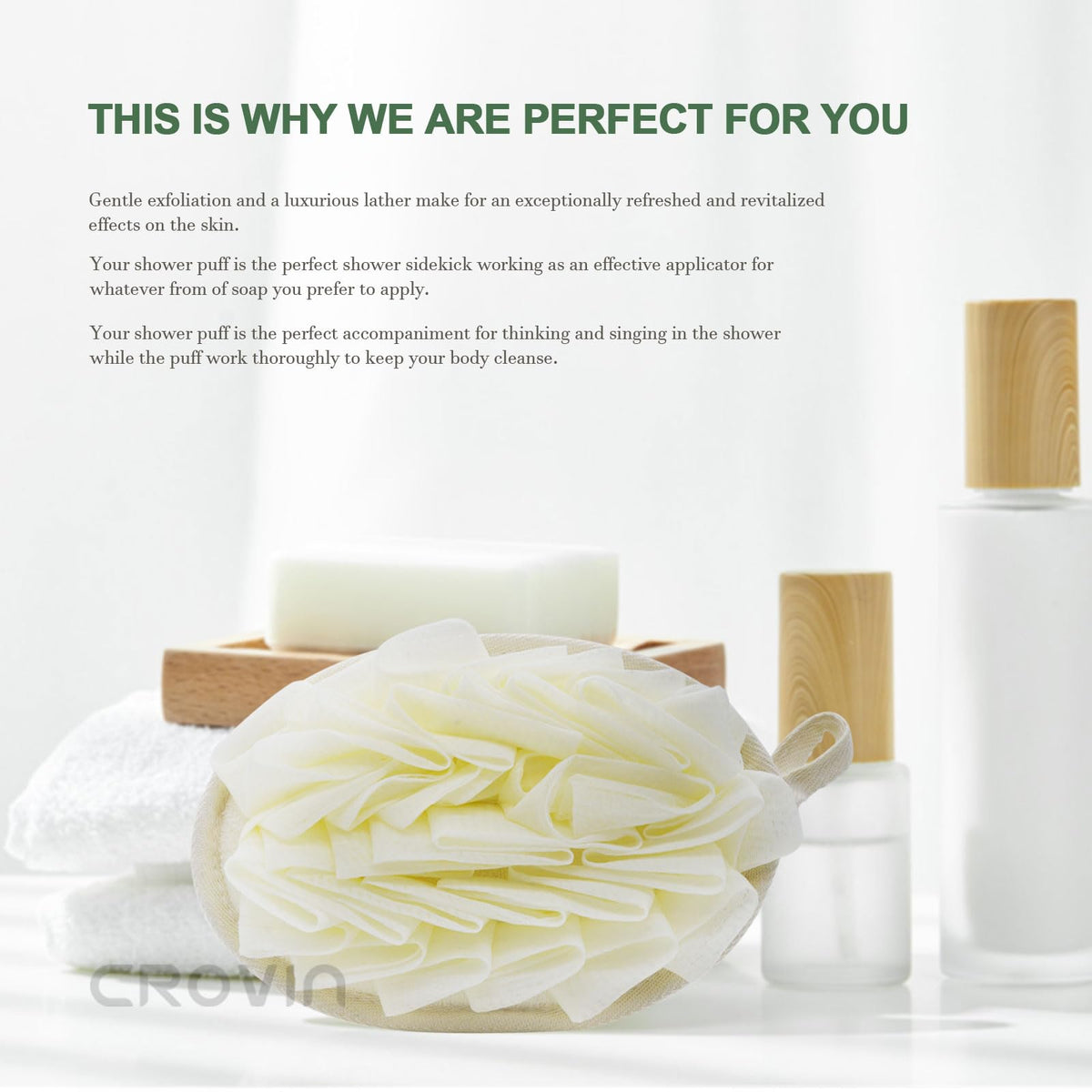 Crovin bath sponge on a bathroom shelf ready for daily cleansing.